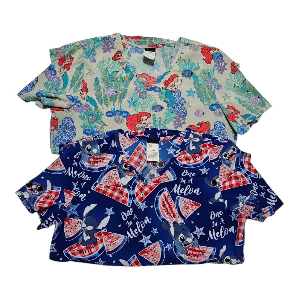Disney Character Scrub Top Size Small Ariel And Stitch Bundle 2